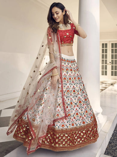 Charming White-Red Thread Embroidered Silk Wedding Wear Lehenga Choli